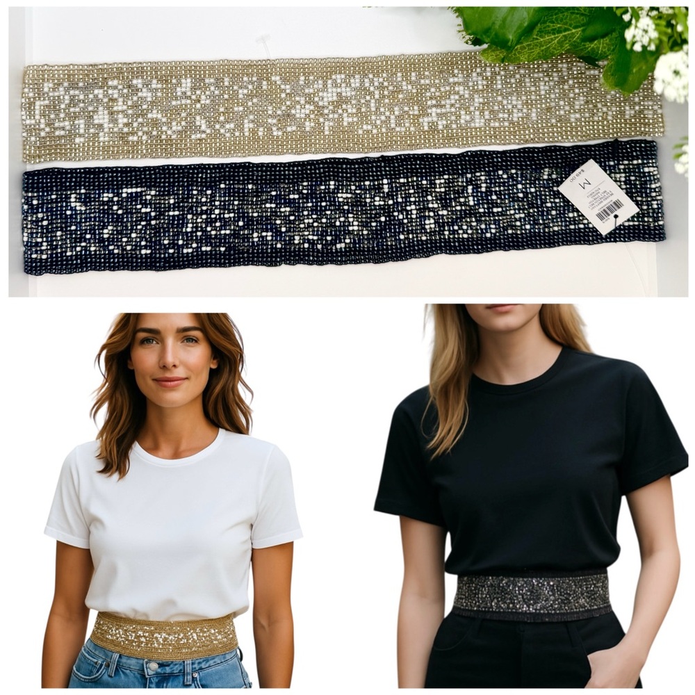 NEW- CHiCO’S Combo Beaded Brittany Stretch Belt Gold Blue